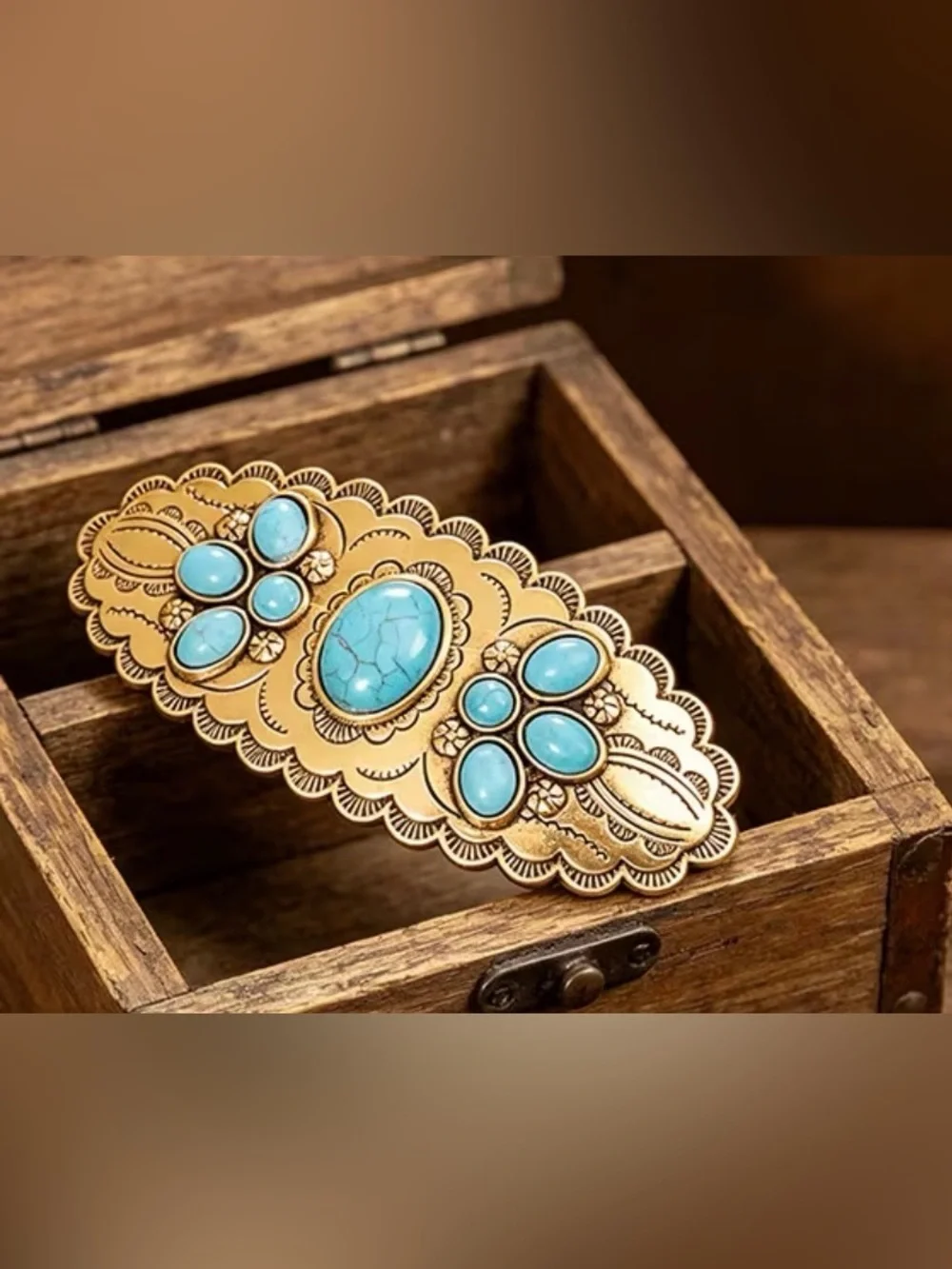 Western Barrette Gold and Turquoise Scalloped Barrette Hair Clip - Women